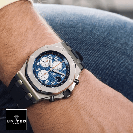 Audemars Piguet Royal Oak 26470ST.OO.A027CA.01. Audemars Piguet Royal Oak Blue Dial Replica on the man wrist