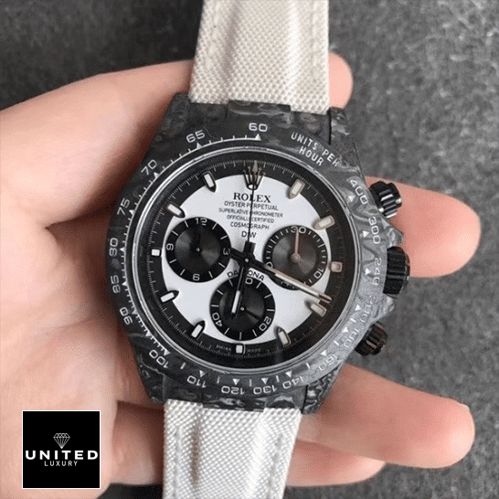 Rolex Cosmograph Daytona Rolex Daytona Carbon Cream Textile Bracelet Black Bezel Replica on his hands