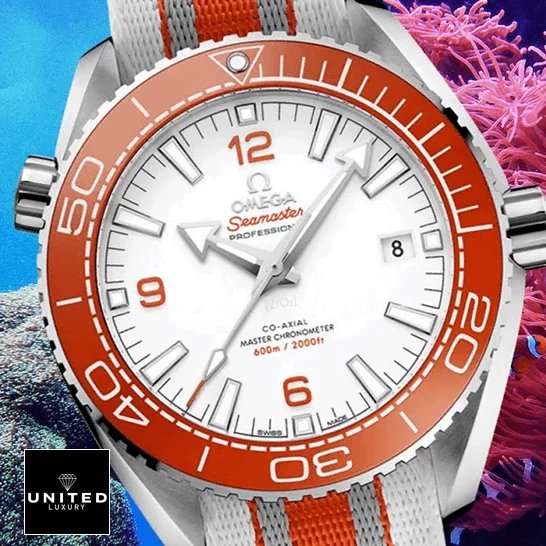 Omega Seamaster Planet Ocean 215.32.44.21.04.001 Omega Seamaster 215.32.44.21.04.001 Orange Bezel Replica ocean background