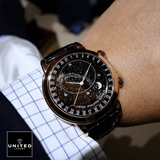 Patek Philippe Grand Complications 6102R-001 Patek Philippe Rose Gold Bezel Black Dial Replica on the man wrist