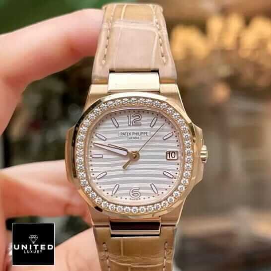 Patek Philippe Nautilus 7010R-011 Patek Philippe Nautilus Leather Bracelet Diamond Bezel Replica on the hand