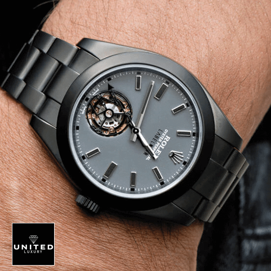 Rolex Milgauss 116400 Rolex Label Noir Grey Tourbillon Dial Replica on his arm