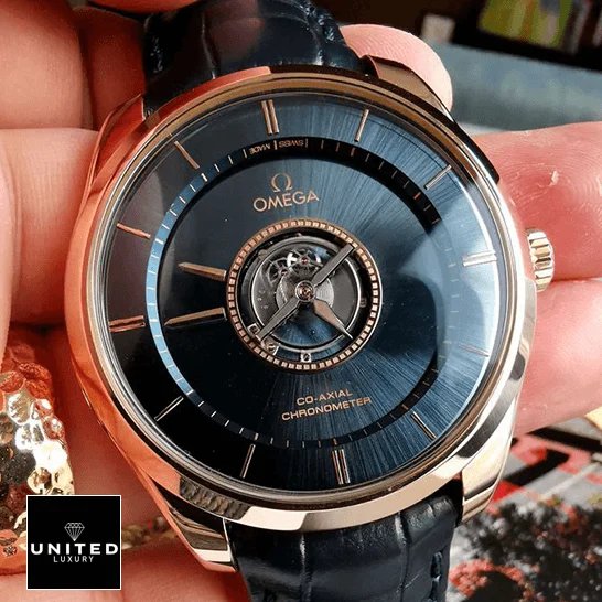 Omega De Ville Tourbillon Co-Axial 4637.31.31 Omega 528.53.44.21.03.001 Tourbillion Blue Dial Replica on the hand