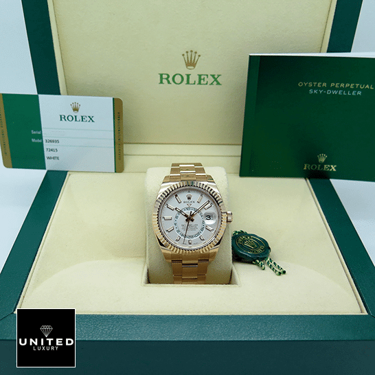 Rolex Sky-Dweller 326935 Rolex Sky-Dweller Rose Gold White Dial 326935-0005 Oyster Replica & Guarantee Card in the Green Rolex Box