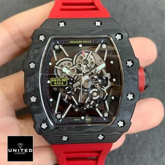 Richard Mille RM 35-02 Richard Mille RM3502 Black Bezel Red Rubber Bracelet Replica on the hand