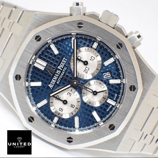 AP Royal Oak Chronograph 26331ST Supreme Clone Quality audemars piguet royal oak right Audemars Piguet Royal Oak Blue Dial Stainless Steel Case Replica white background