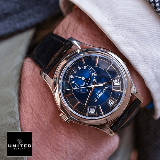 Patek Philippe Annual Calendar 5205G-013 Patek Philippe Complications Blue Dial Steel Case Replica on the man wrist