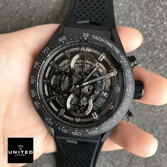 TAG Heuer Carrera 01 CAR2A91.FT6071 Tag Heuer Carrera cAR2A91.FT6071 Caliber Tachymeter Black Replica on grey background