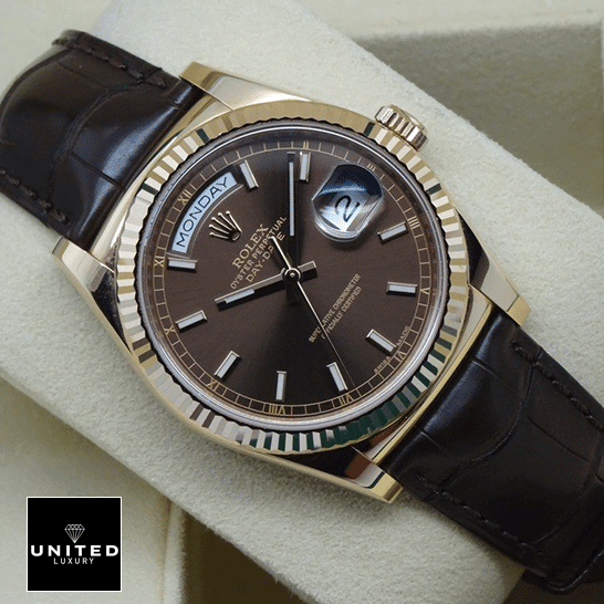 Rolex Day-Date 118135-0002 Rolex Day-Date 118139 Chocolate Dial Brown Leather Bracelet Replica