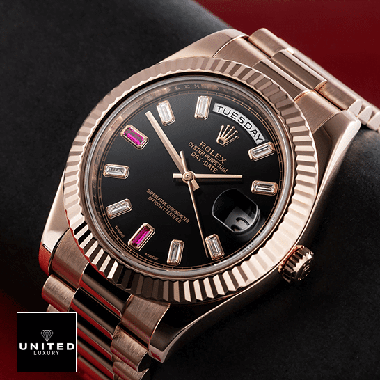 Rolex Day-Date II 218235 Rolex Day-Date II 218235 Replica Rose Gold Crown Pusher & Gem-Set Indices